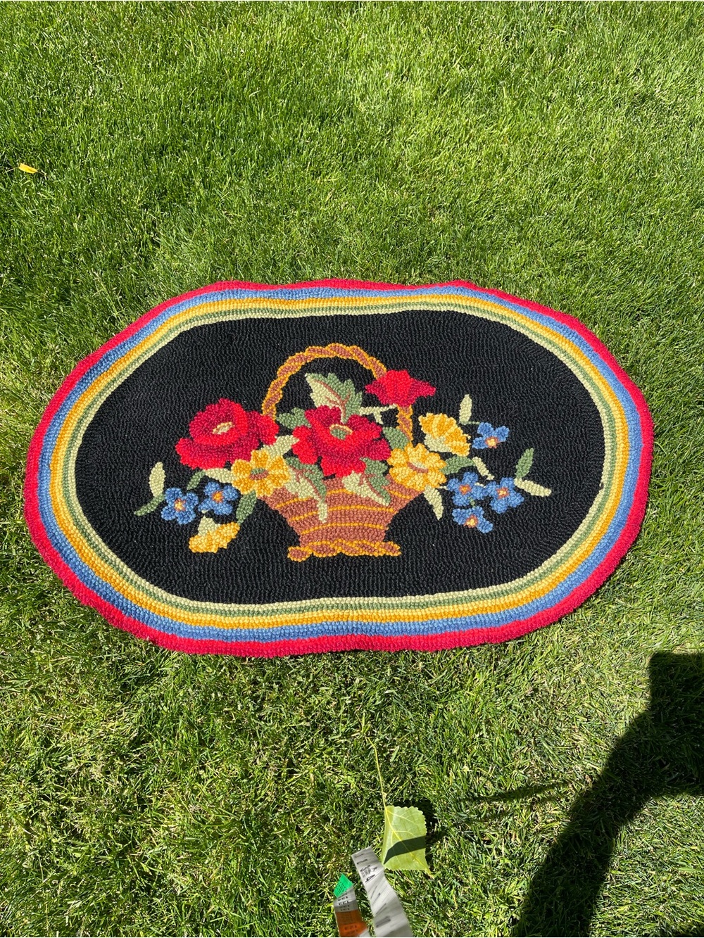Vintage Handmade Floral Latch Hook Throw Rug Black Red Roses In Basket 35” X 23”